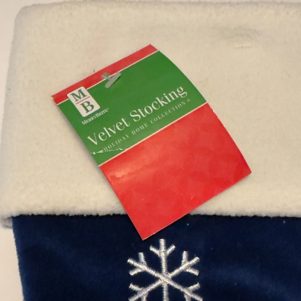MerryBrite Velvet Christmas Stocking Snowman Let It Snow Navy Blue Red White NWT